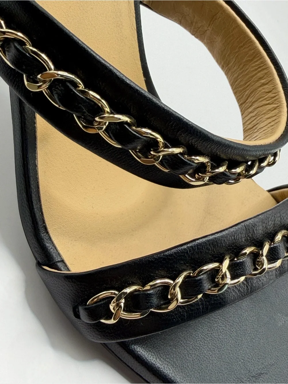 CHANEL Black Leather Chain-Trim High Heel Sandals